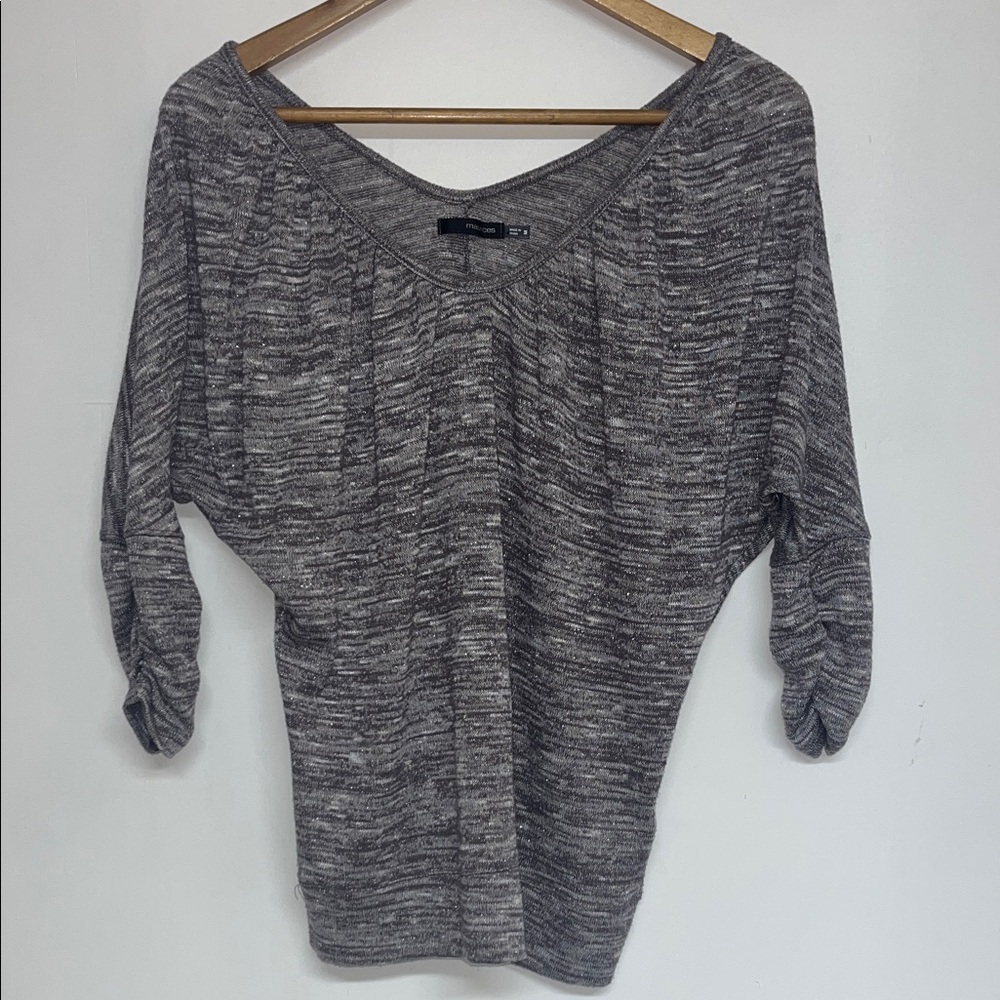Maurices Sz MED Women’s Gray Shimmer Knit Gray Top, Rouched Sleeves #shimmer